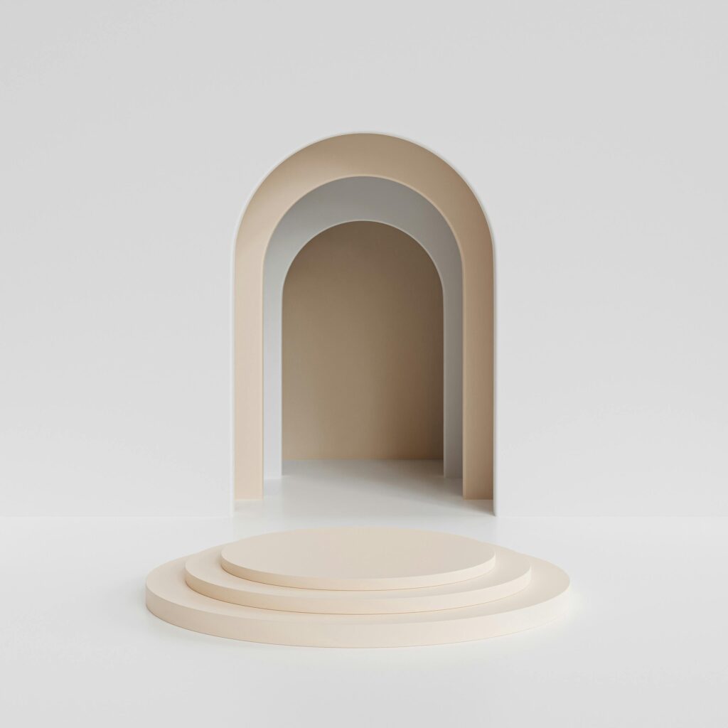 Minimalist beige archway and raised platform in modern abstract style. Perfect for design backgrounds.